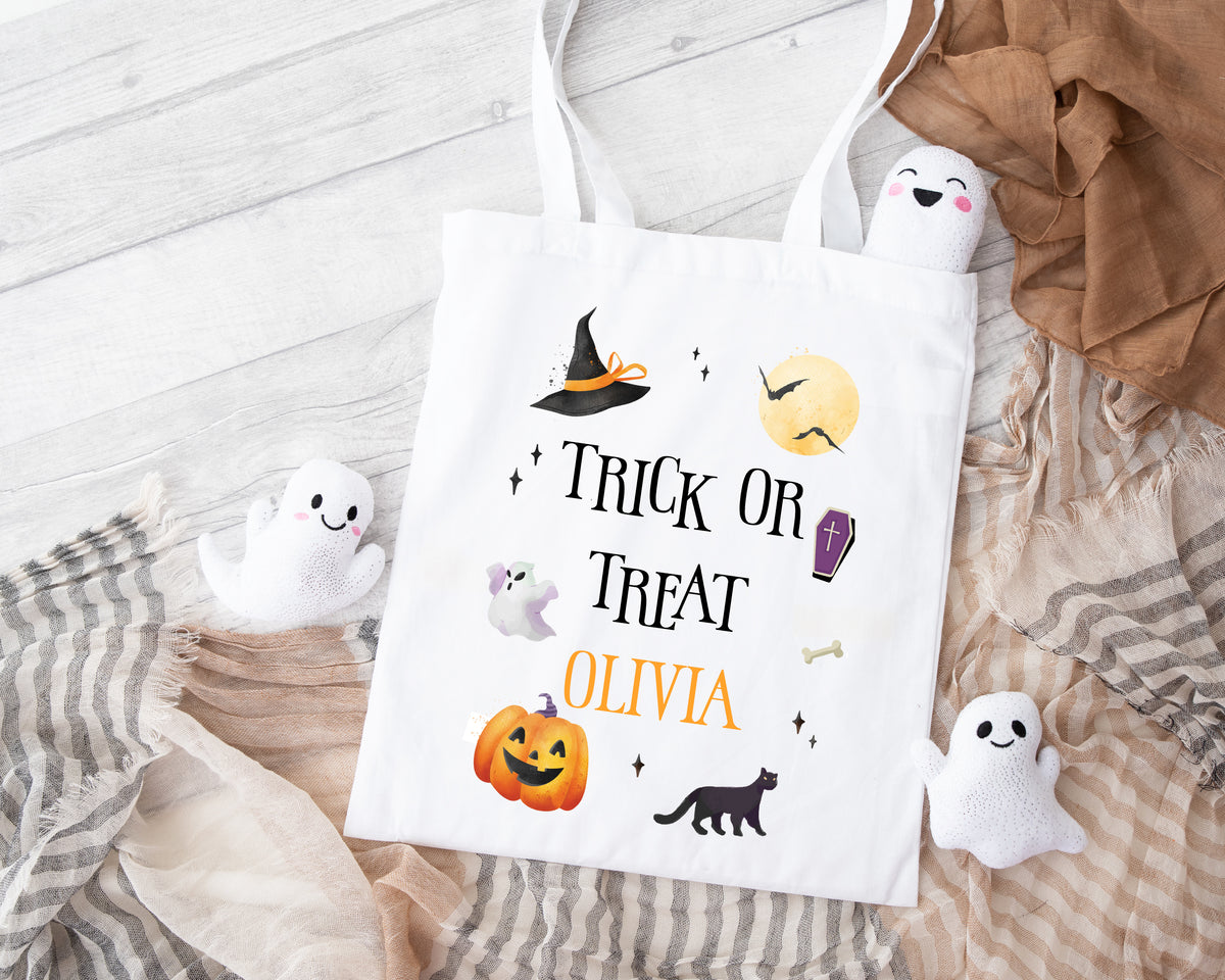 Personalised Halloween Trick or Treat Bag | Illustrations Treat | Halloween Tote Bag | Custom Children's Trick or Treat Bag, Party Bag