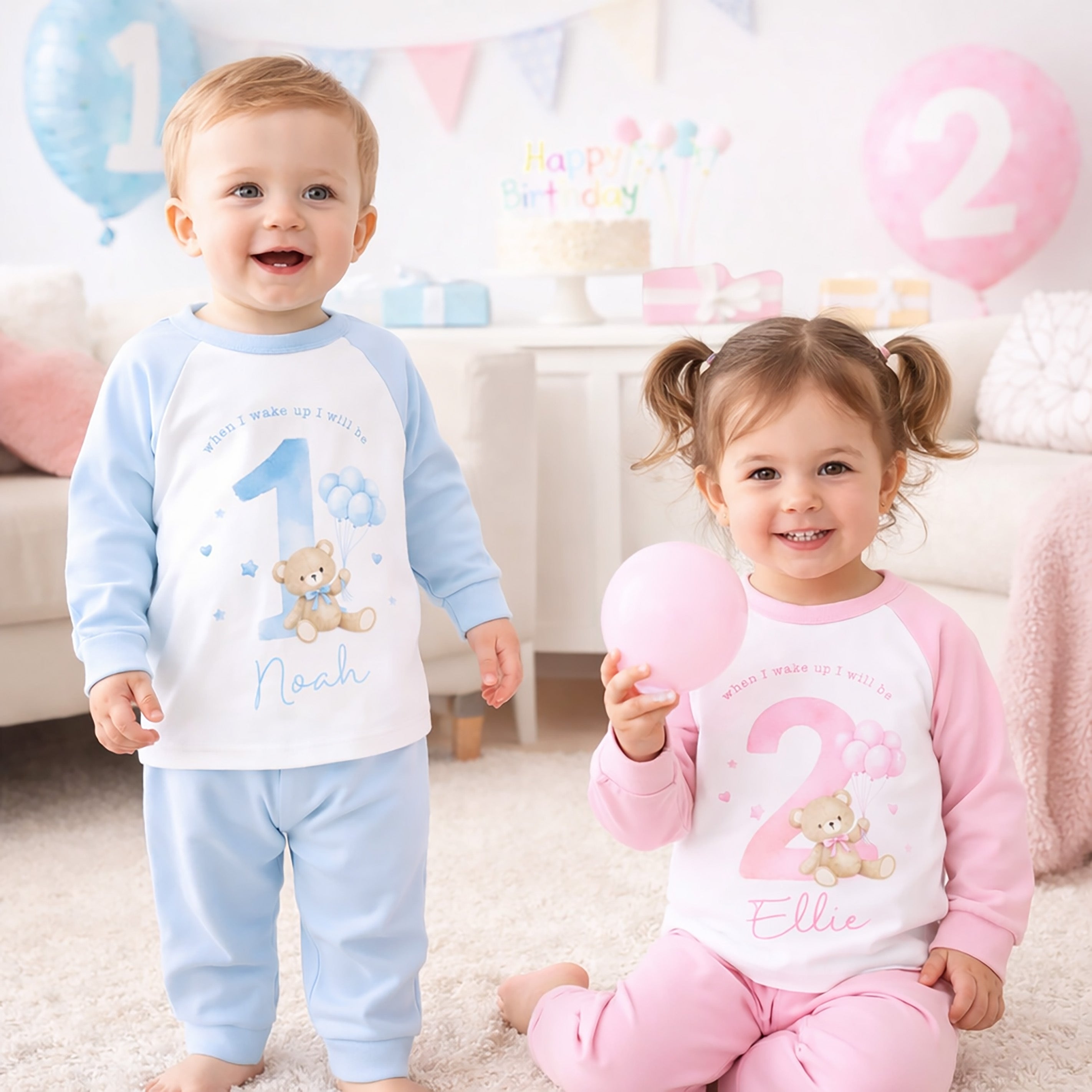 Personalised 1st Birthday Pyjamas, First Bib | Teddy Bear | When I Wake Up I Will Be 1, Girls 1st Birthday Pyjamas, Boys 1st Birthday Pyjamas