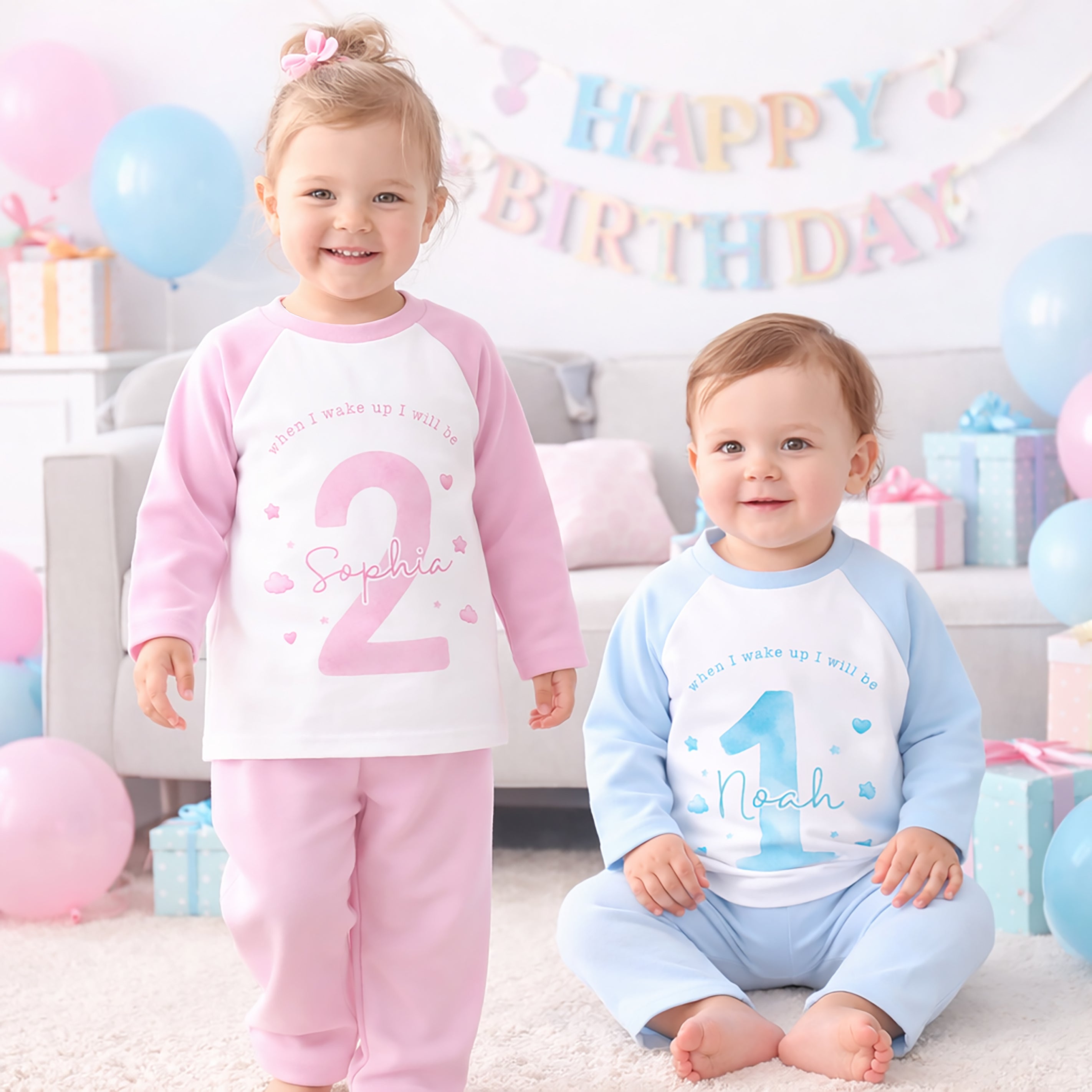 Personalised 1st Birthday Pyjamas, First Bib | Watercolour | When I Wake Up I Will Be 1, Girls 1st Birthday Pyjamas, Boys 1st Birthday Pyjamas