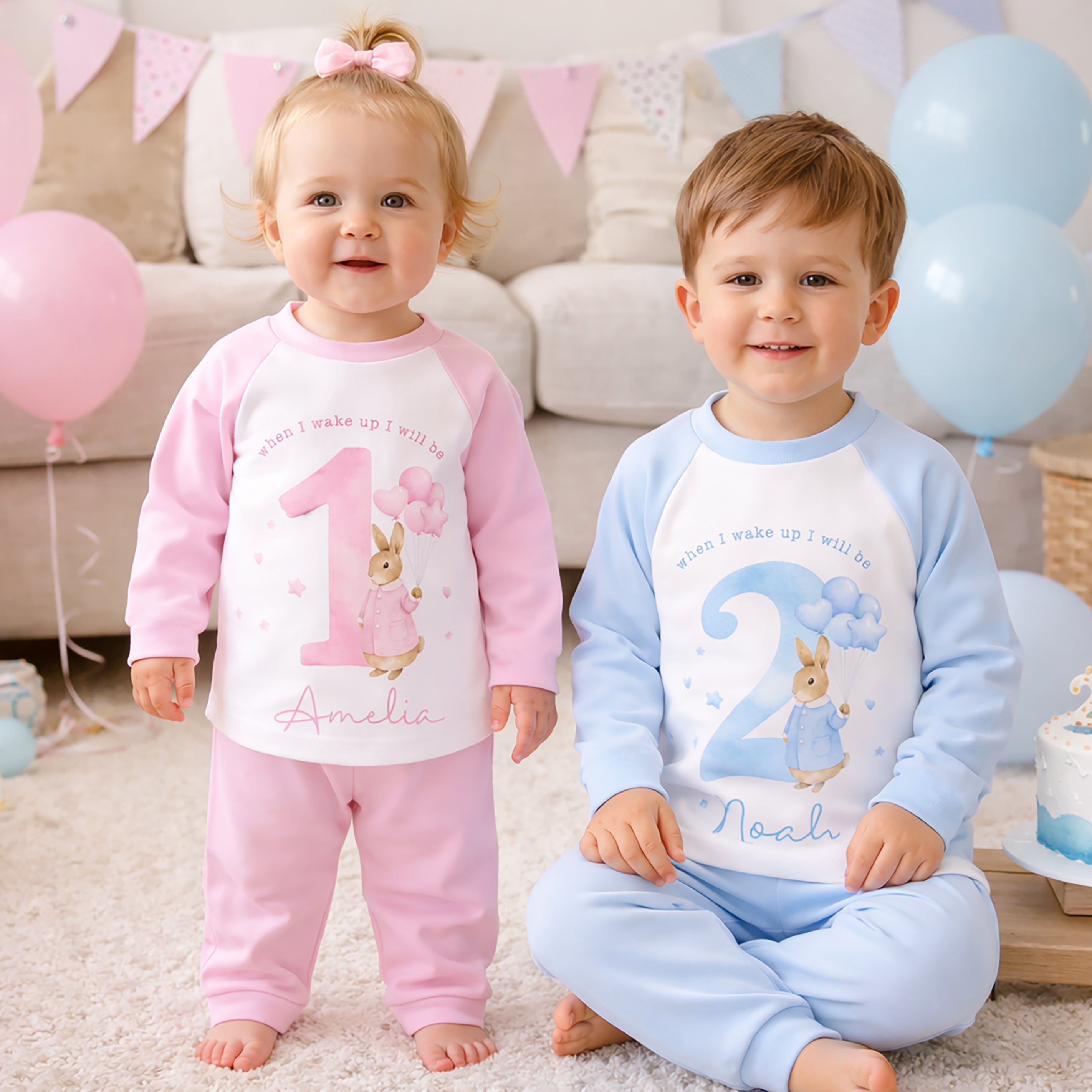 Personalised 1st Birthday Pyjamas, First Bib | Bunny | When I Wake Up I Will Be 1, Girls 1st Birthday Pyjamas, Boys 1st Birthday Pyjamas