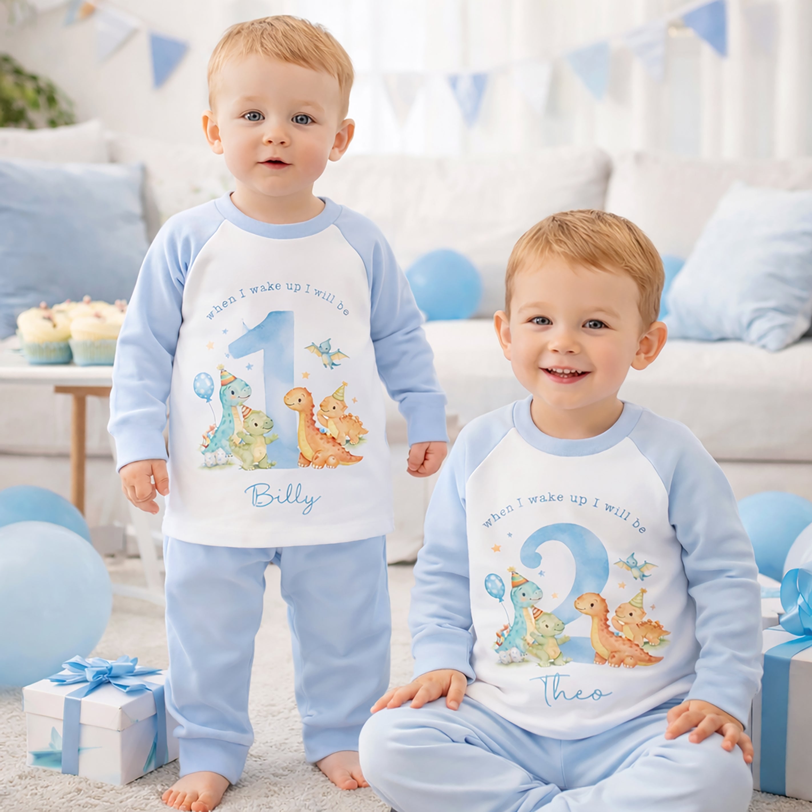 Personalised 1st Birthday Pyjamas, First Bib | Dinosaurs | When I Wake Up I Will Be 1, Boys 1st Birthday Pyjamas