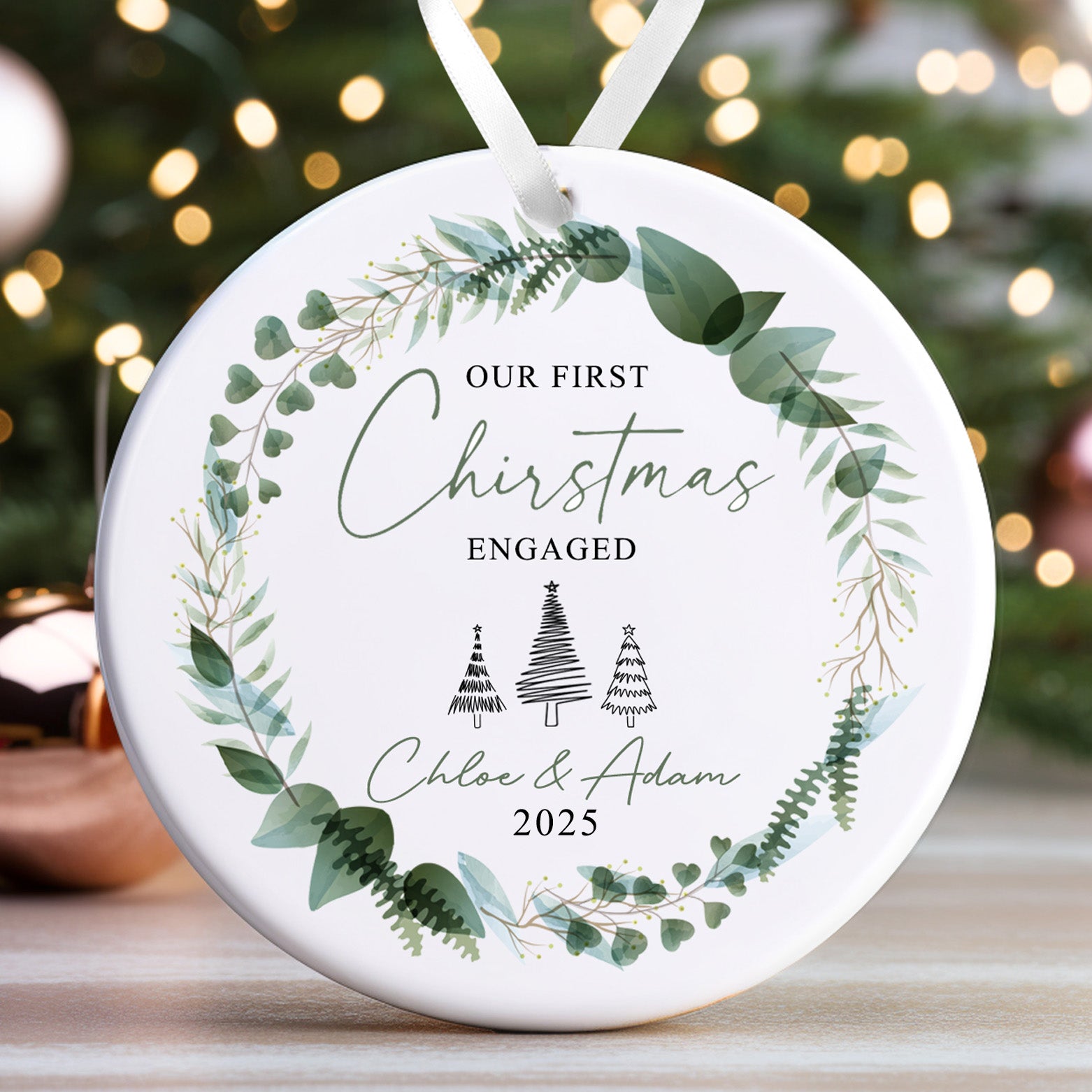 Personalised Engagement Bauble | First Christmas Engaged Bauble | 1st Christmas Engaged Gift | First Christmas Engagement Keepsake - Floral Wreath