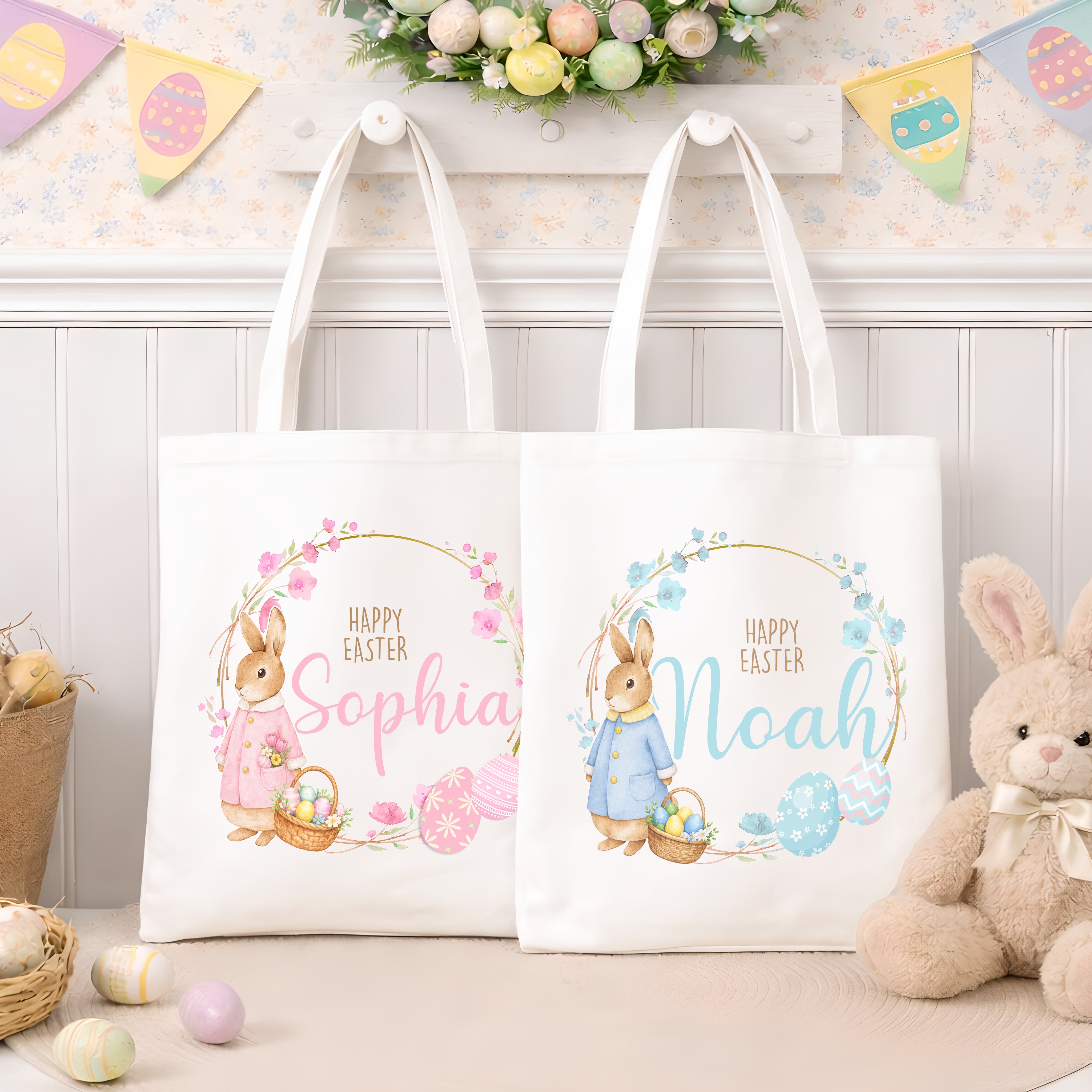Personalised Easter Bag | Wreath Pink or Blue | Personalised Easter Tote, Custom Easter Hunt Bag, Personalised Easter Gift, Easter Basket