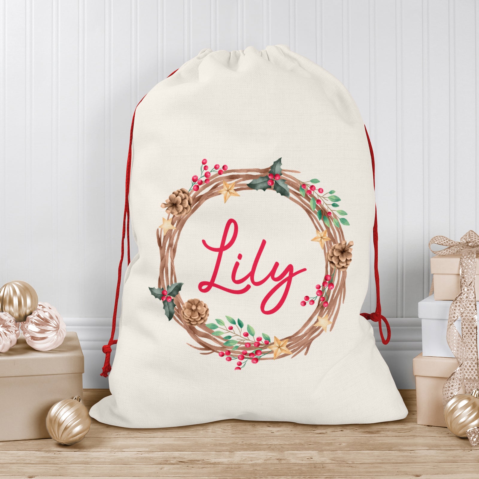 Personalised Christmas Sack | Custom Christmas Stocking | Custom Santa Sack For Kids, Children's Christmas Sack - Christmas Wreath