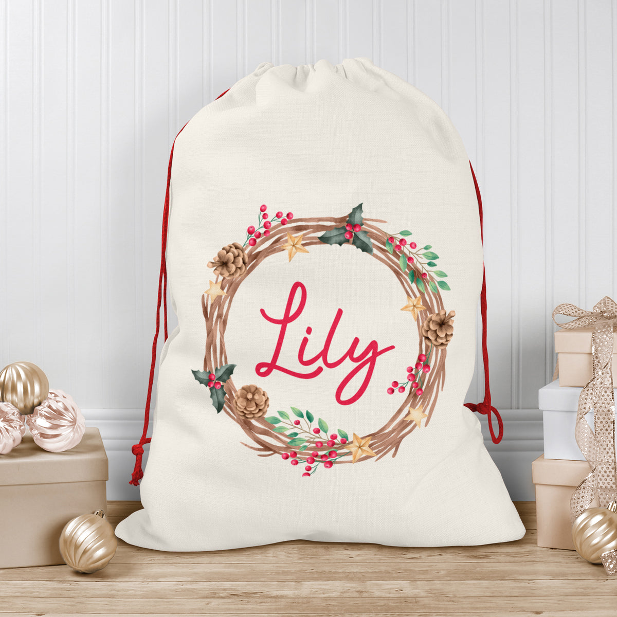 Personalised Christmas Sack | Custom Christmas Stocking | Custom Santa Sack For Kids, Children's Christmas Sack - Christmas Wreath