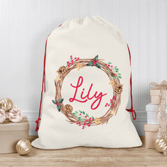Personalised Christmas Sack | Custom Christmas Stocking | Custom Santa Sack For Kids, Children's Christmas Sack - Christmas Wreath