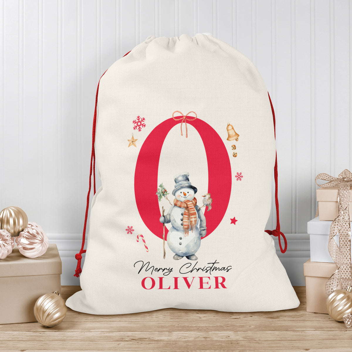Personalised Christmas Sack | Custom Christmas Stocking | Custom Santa Sack For Kids, Children's Christmas Sack - Snowman Initial