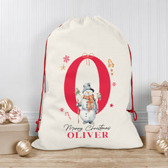 Personalised Christmas Sack | Custom Christmas Stocking | Custom Santa Sack For Kids, Children's Christmas Sack - Snowman Initial