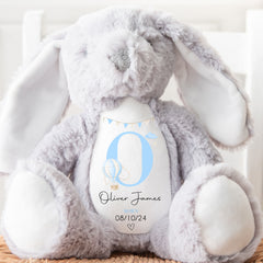 Personalised Teddy, Custom Newborn Teddy | Grey Bunny Rabbit, Baby Announcement Teddy Bear, Personalised Newborn Gift Ornament, Blue Balloon