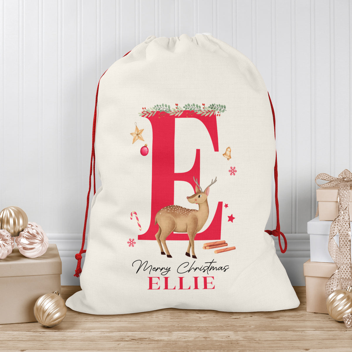 Personalised Christmas Sack | Custom Christmas Stocking | Custom Santa Sack For Kids, Children's Christmas Sack - Reindeer Initial