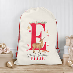 Personalised Christmas Sack | Custom Christmas Stocking | Custom Santa Sack For Kids, Children's Christmas Sack - Reindeer Initial