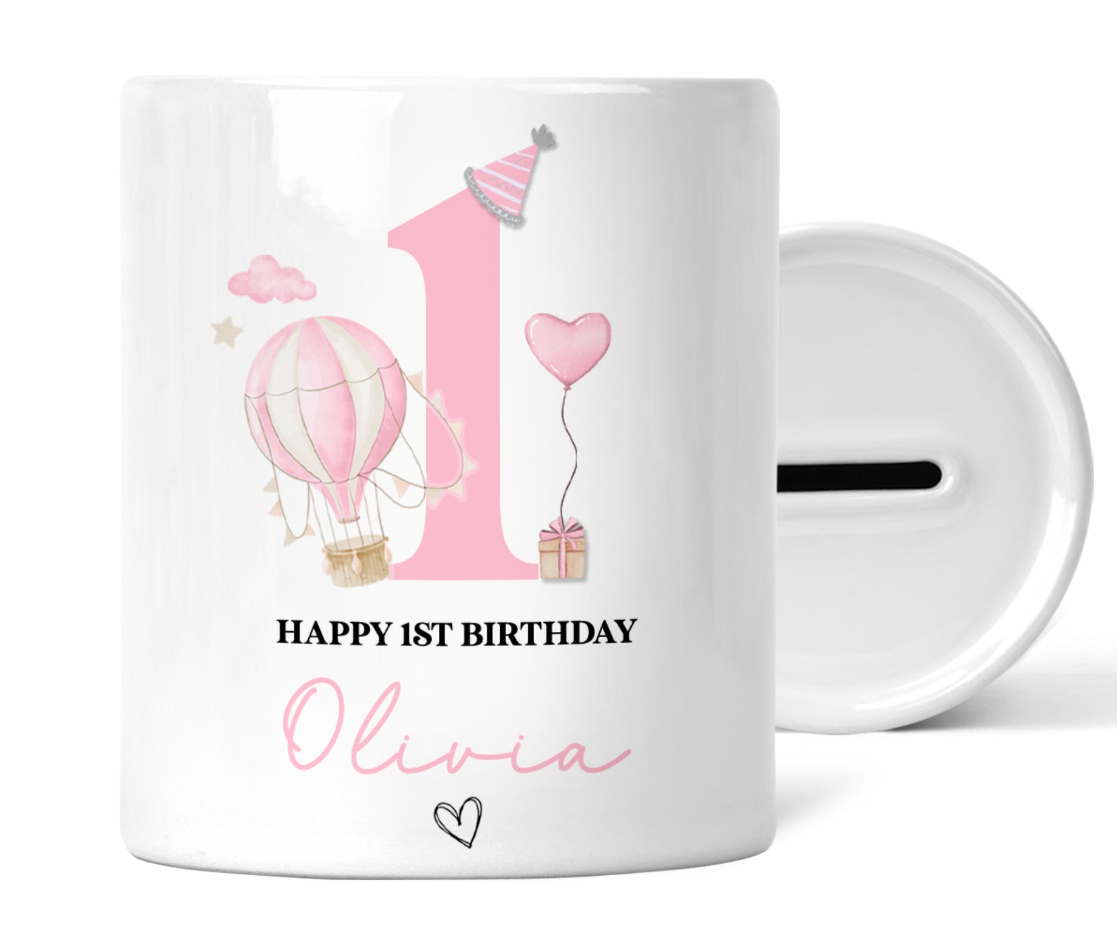 Personalised 1st Birthday Money Box | Personalised 1st Birthday Gift, First Birthday Gift, First Birthday Money Box | Pink Hot Air Balloon