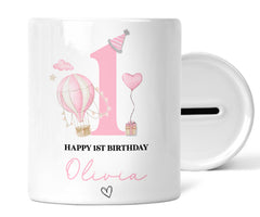Personalised 1st Birthday Money Box | Personalised 1st Birthday Gift, First Birthday Gift, First Birthday Money Box | Pink Hot Air Balloon