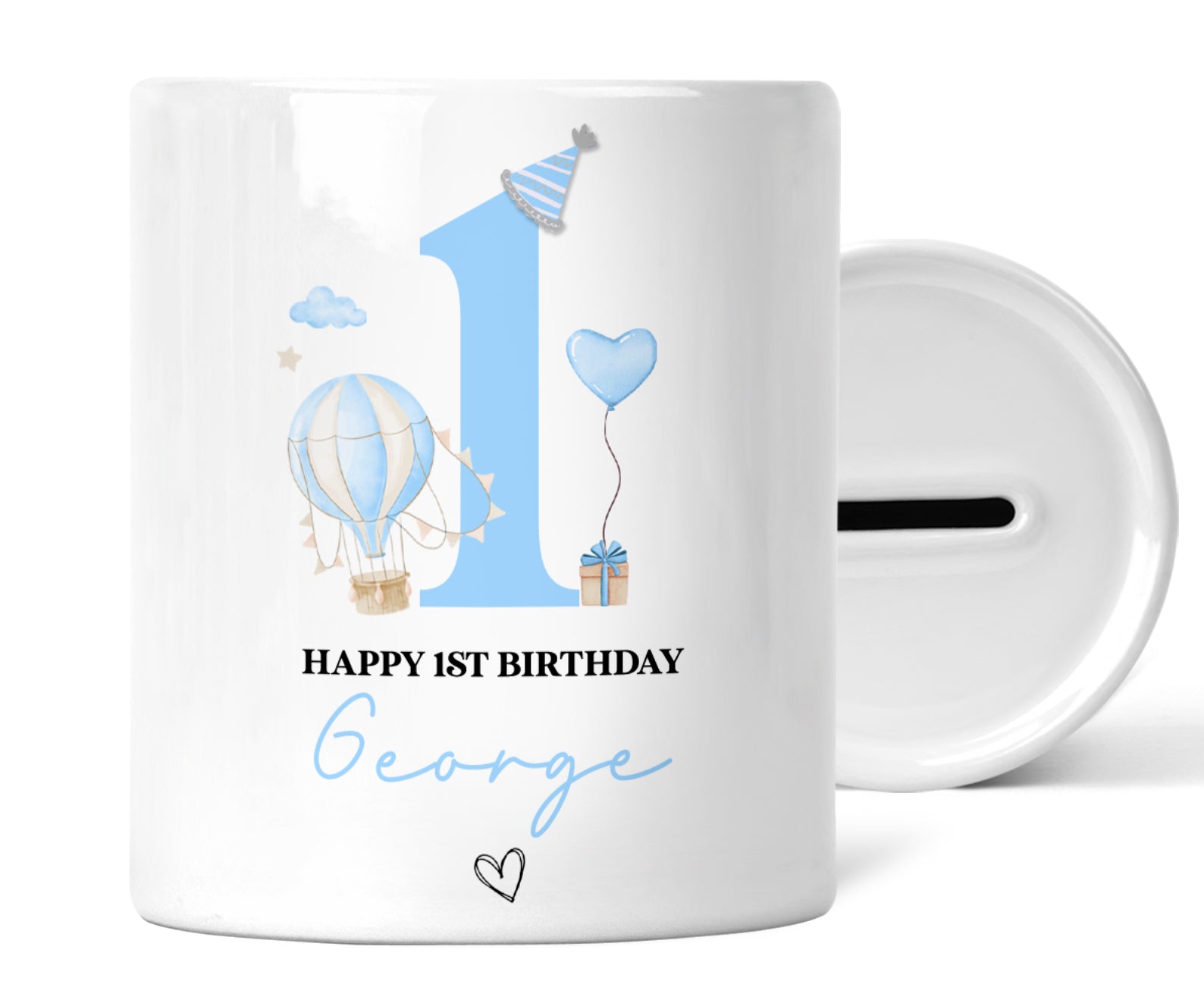 Personalised 1st Birthday Money Box | Personalised 1st Birthday Gift, First Birthday Gift, First Birthday Money Box | Blue Hot Air Balloon