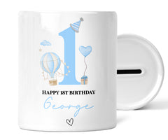 Personalised 1st Birthday Money Box | Personalised 1st Birthday Gift, First Birthday Gift, First Birthday Money Box | Blue Hot Air Balloon