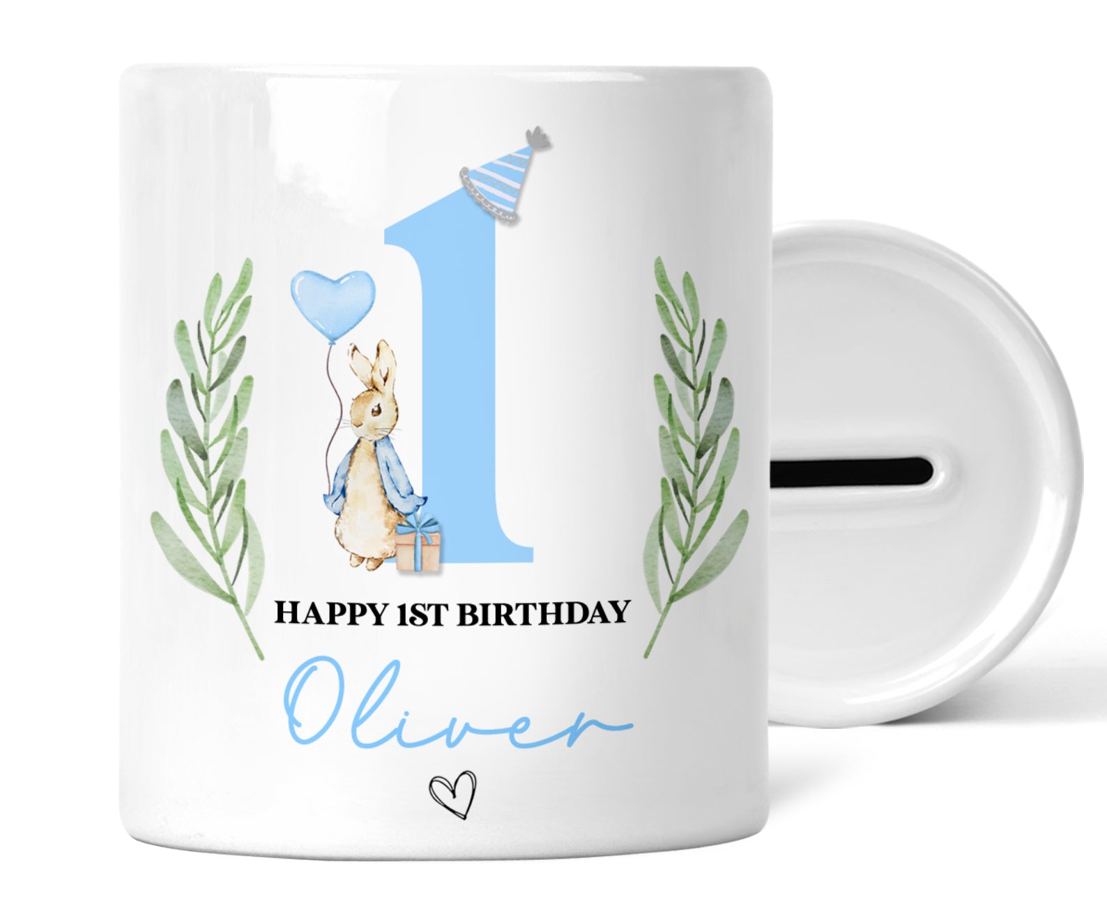 Personalised 1st Birthday Money Box | Personalised 1st Birthday Gift, First Birthday Gift, First Birthday Money Box | Boy Rabbit