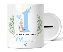 Personalised 1st Birthday Money Box | Personalised 1st Birthday Gift, First Birthday Gift, First Birthday Money Box | Boy Rabbit