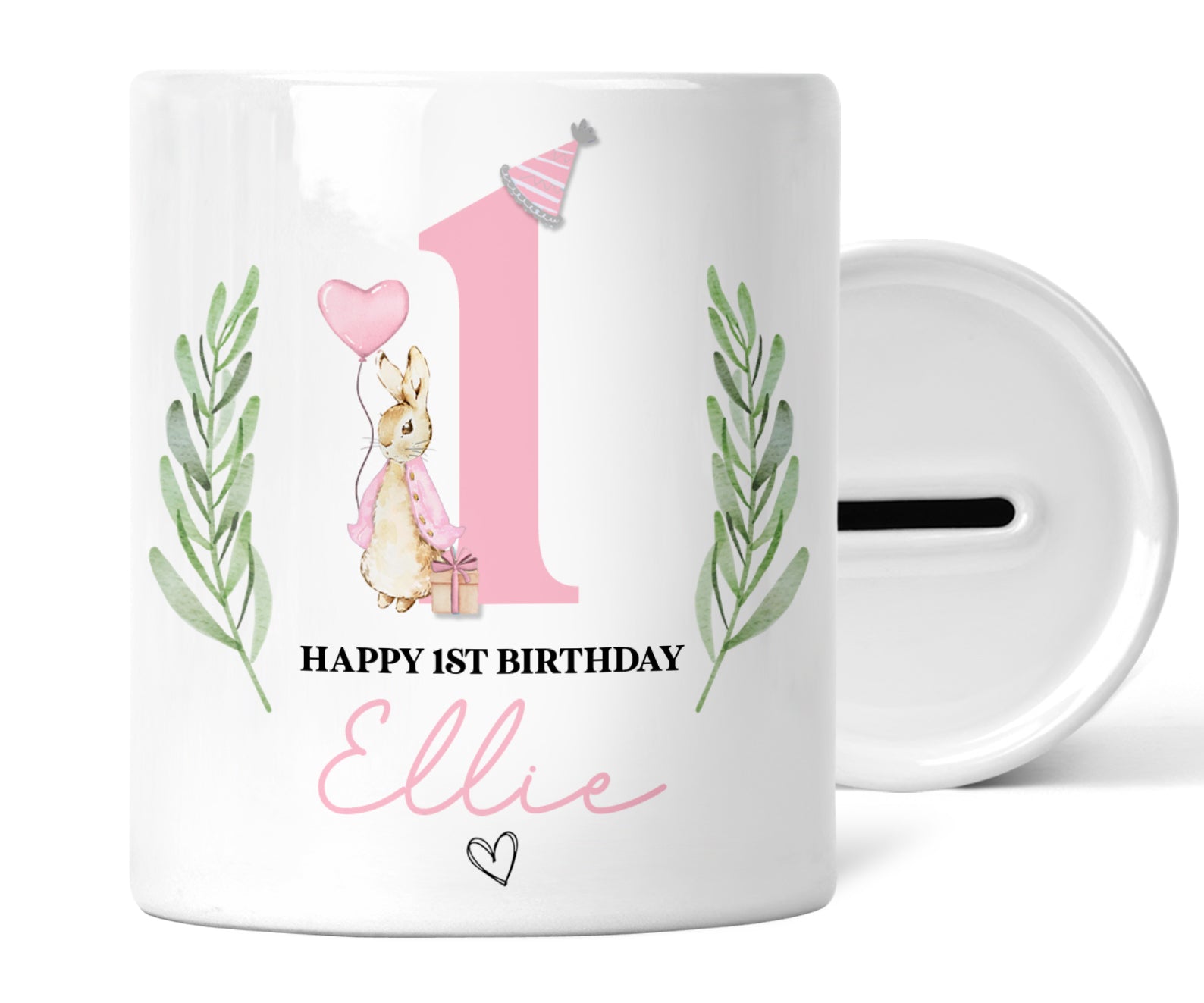 Personalised 1st Birthday Money Box | Personalised 1st Birthday Gift, First Birthday Gift, First Birthday Money Box | Pink Bunny