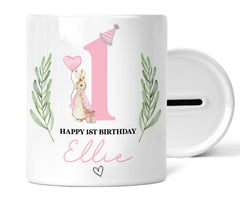 Personalised 1st Birthday Money Box | Personalised 1st Birthday Gift, First Birthday Gift, First Birthday Money Box | Pink Bunny
