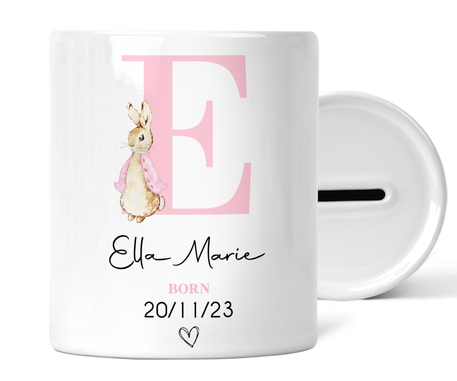 Personalised Newborn Money Box | Personalised New Baby Gift, Newborn Gift, New Baby Keepsake | Gift for New Baby, Pink Rabbit