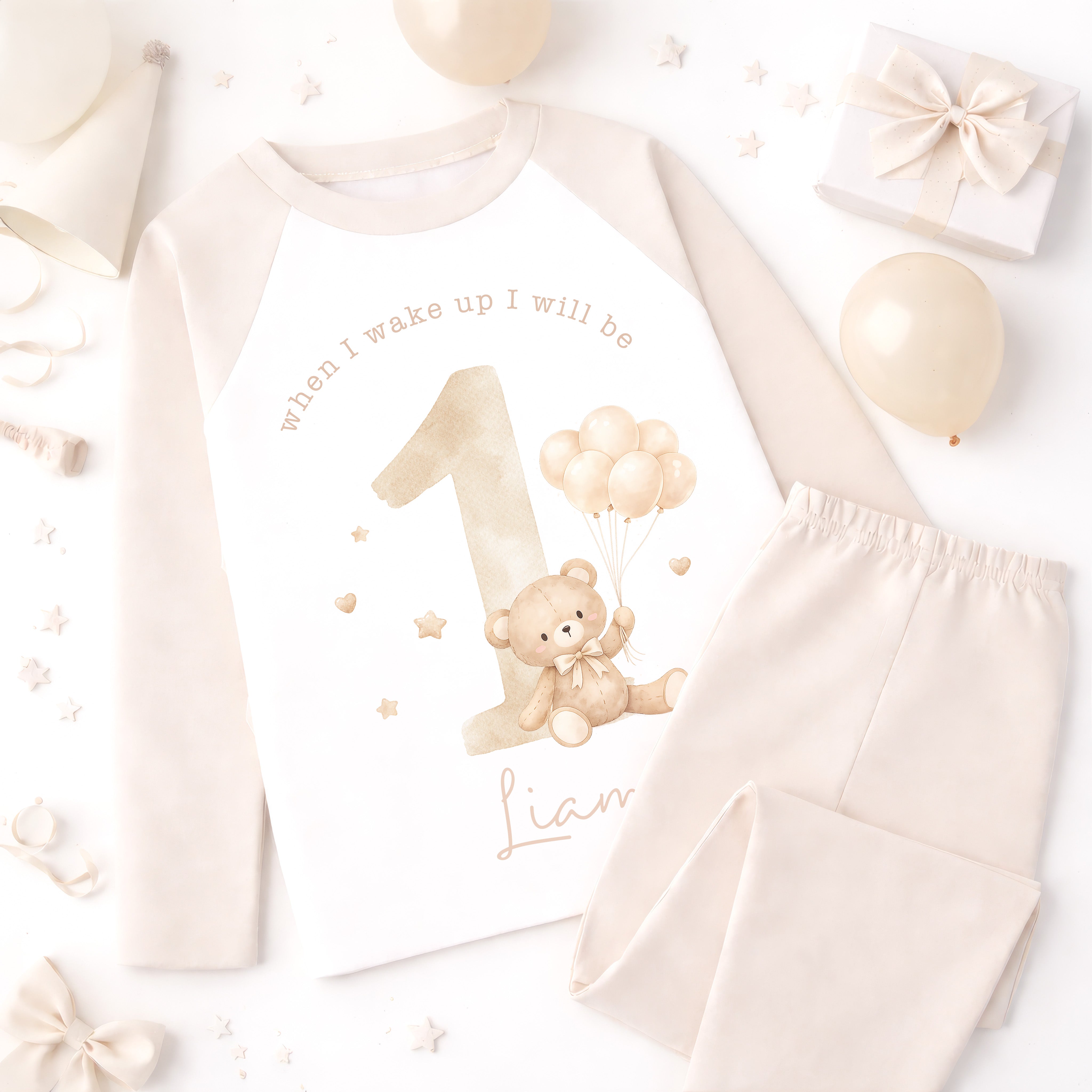 Personalised 1st Birthday Pyjamas, First Bib | Teddy Bear | When I Wake Up I Will Be 1, Girls 1st Birthday Pyjamas, Boys 1st Birthday Pyjamas