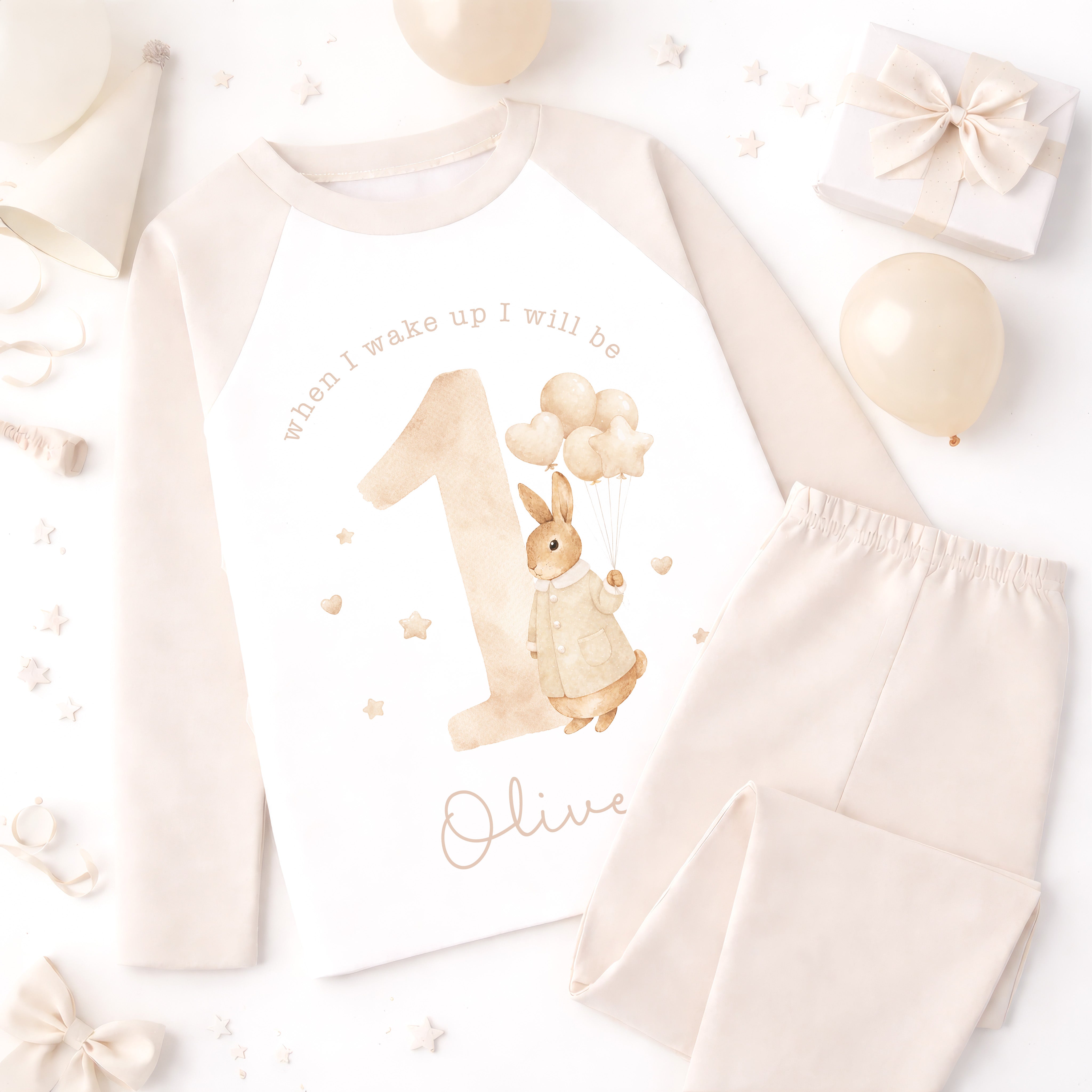 Personalised 1st Birthday Pyjamas, First Bib | Bunny | When I Wake Up I Will Be 1, Girls 1st Birthday Pyjamas, Boys 1st Birthday Pyjamas