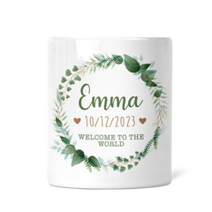 Personalised Children's Money Box | Custom Newborn Gift | Wreath Add A Name & Date | Welcome to The World | Custom New Baby Keepsake Gift