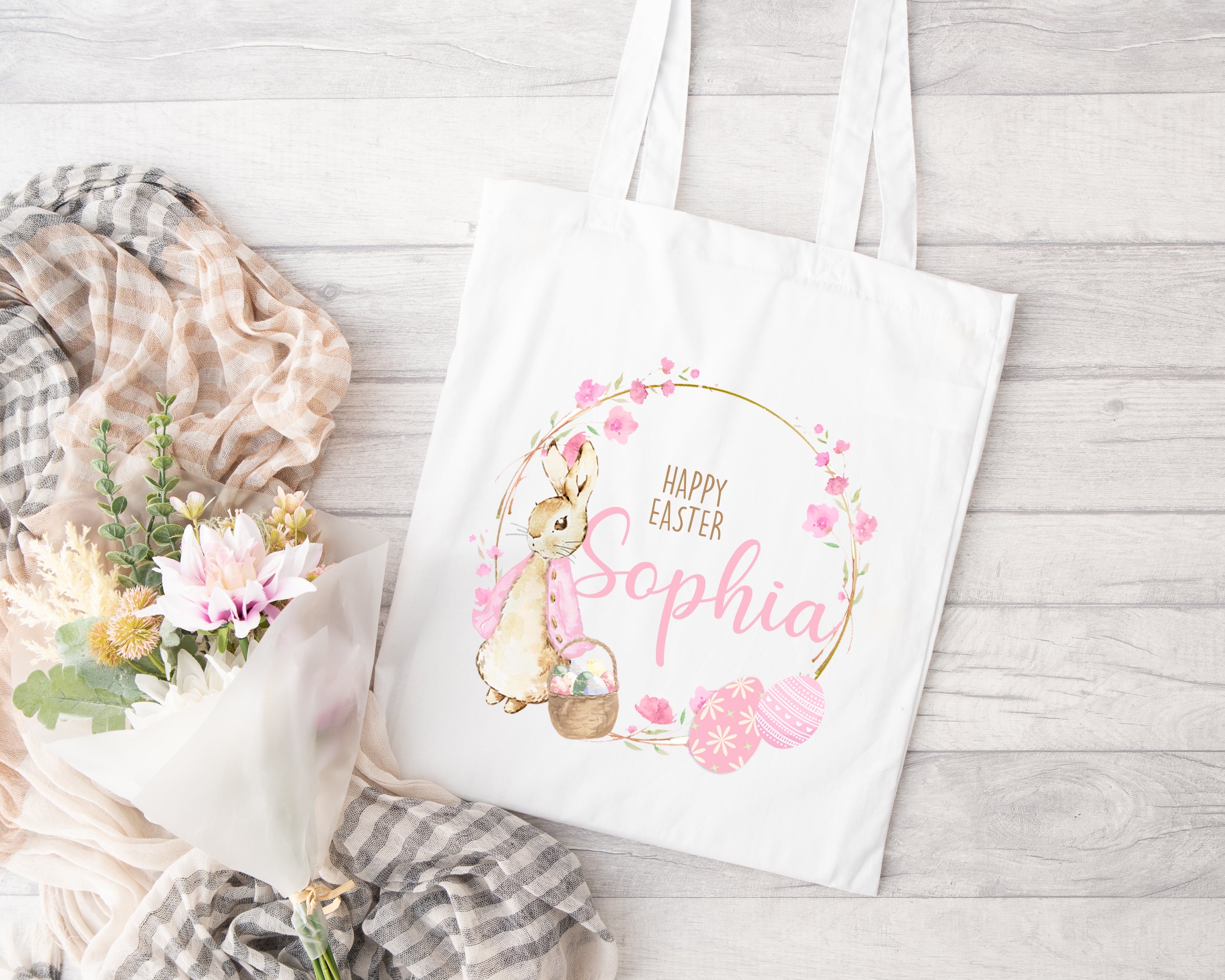 Personalised Easter Bag | Wreath Pink or Blue | Personalised Easter Tote, Custom Easter Hunt Bag, Personalised Easter Gift, Easter Basket