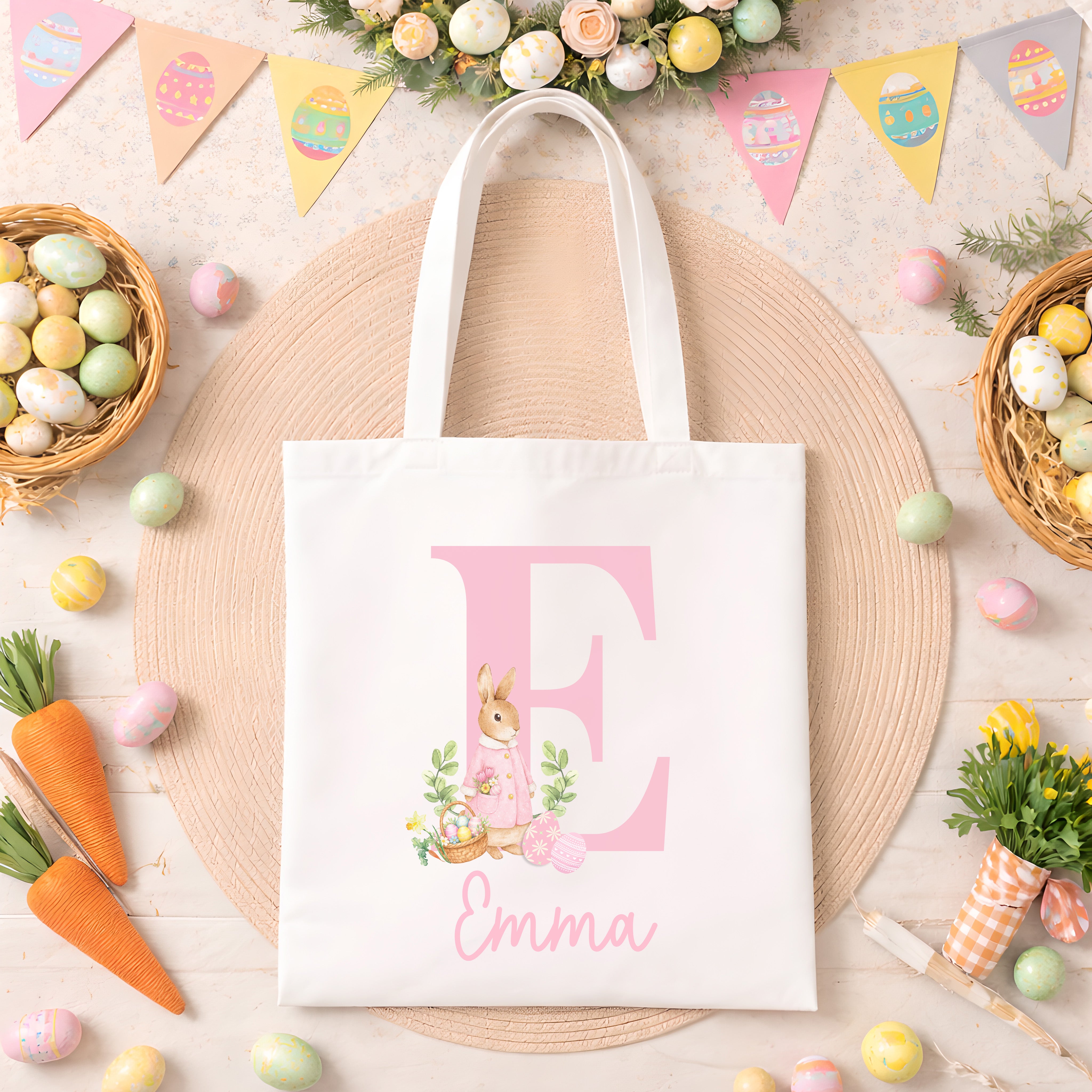 Personalised Easter Bag | Initial Pink or Blue | Personalised Easter Tote, Custom Easter Hunt Bag, Personalised Easter Gift, Easter Basket