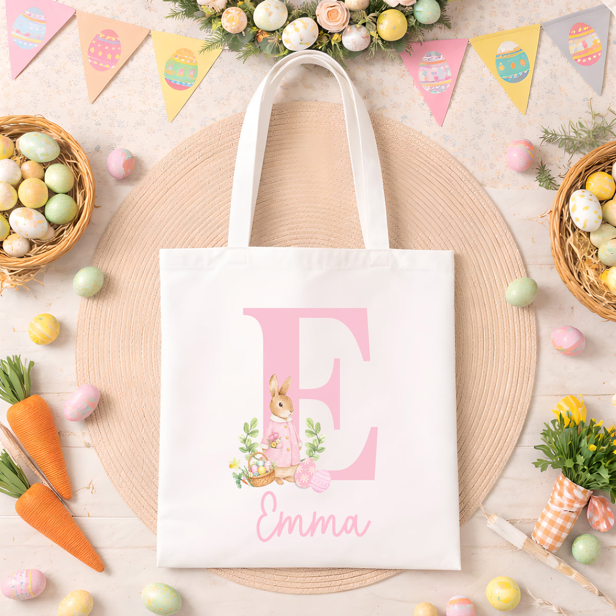 Personalised Easter Bag | Initial Pink or Blue | Personalised Easter Tote, Custom Easter Hunt Bag, Personalised Easter Gift, Easter Basket