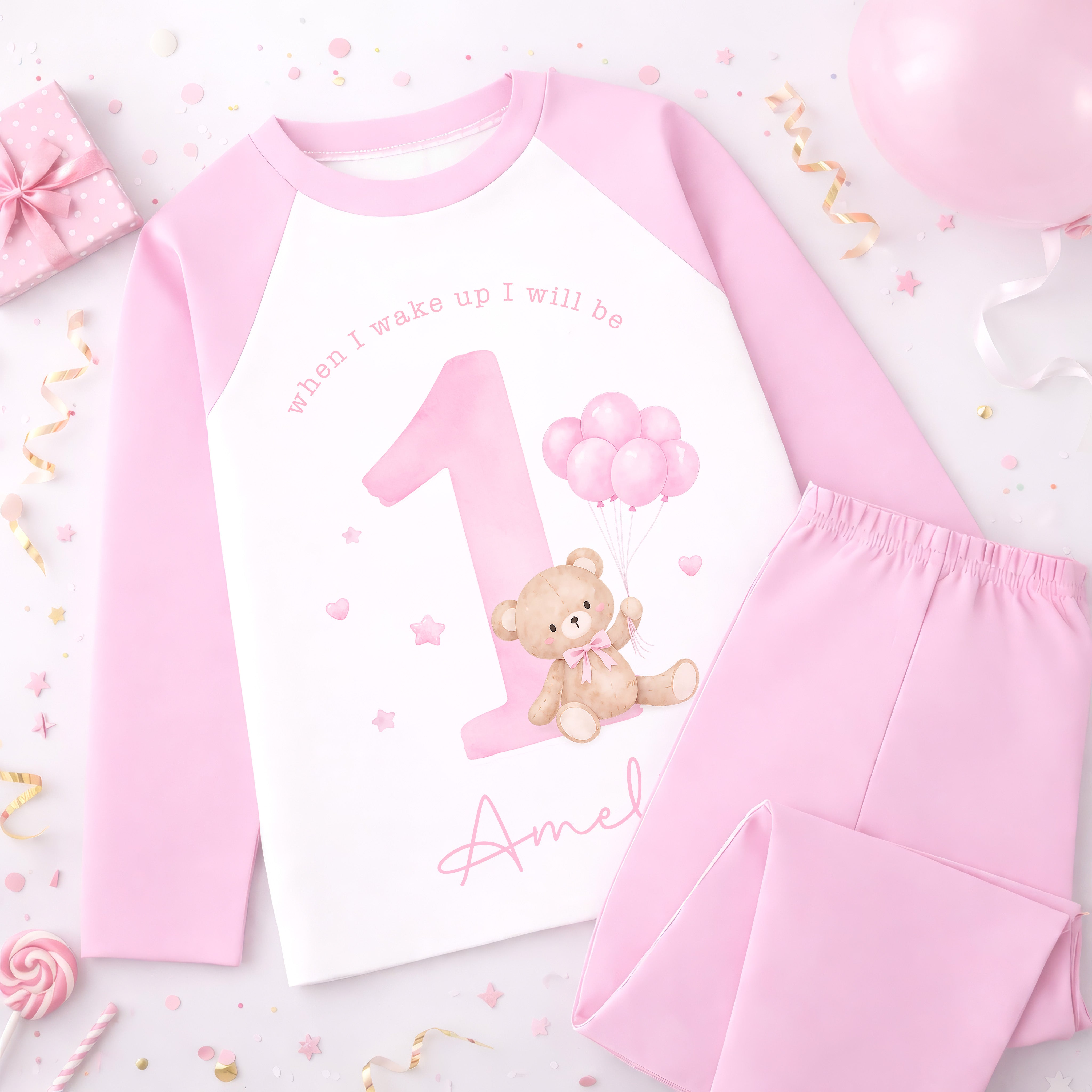 Personalised 1st Birthday Pyjamas, First Bib | Teddy Bear | When I Wake Up I Will Be 1, Girls 1st Birthday Pyjamas, Boys 1st Birthday Pyjamas