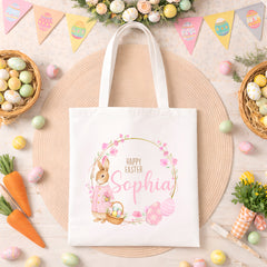Personalised Easter Bag | Wreath Pink or Blue | Personalised Easter Tote, Custom Easter Hunt Bag, Personalised Easter Gift, Easter Basket