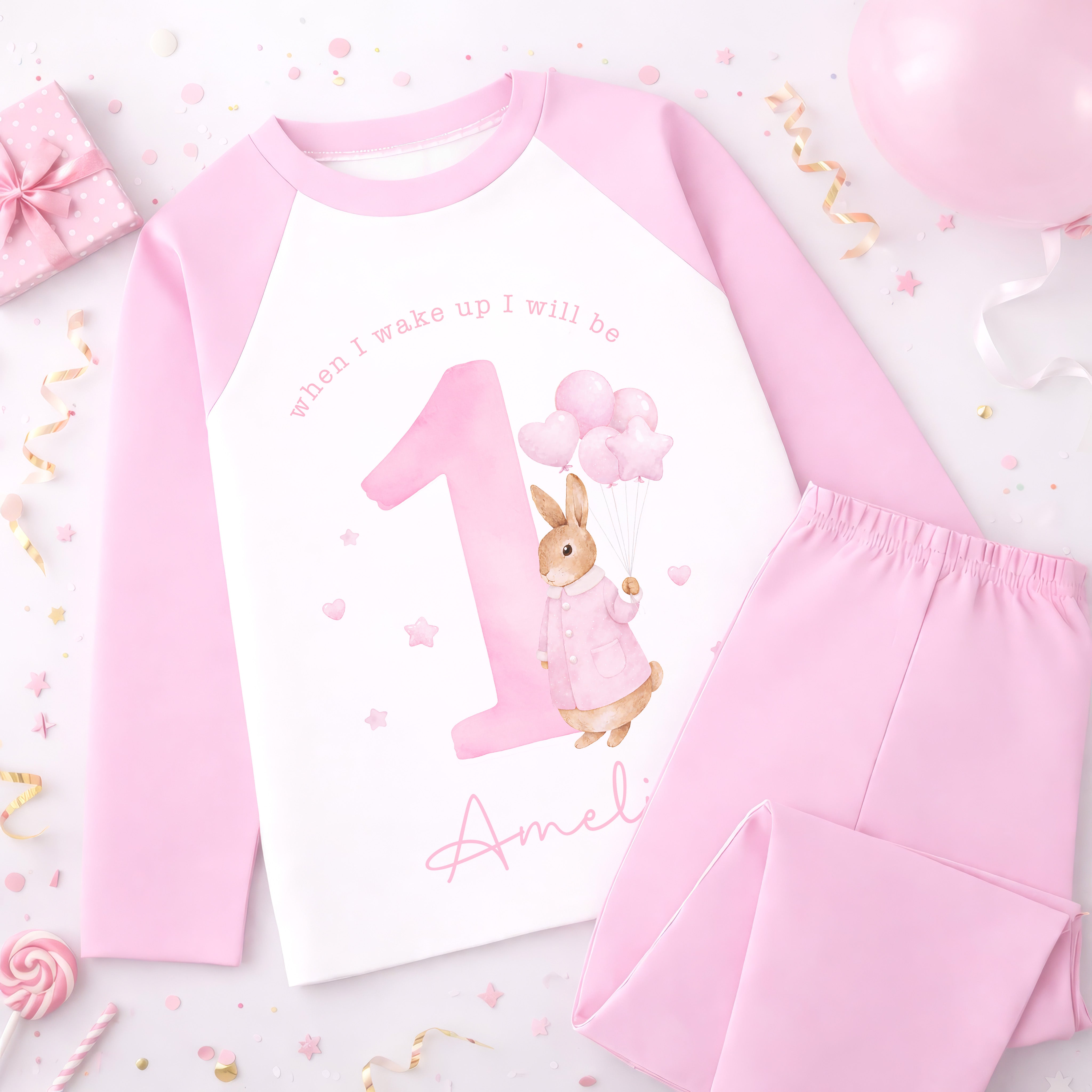 Personalised 1st Birthday Pyjamas, First Bib | Bunny | When I Wake Up I Will Be 1, Girls 1st Birthday Pyjamas, Boys 1st Birthday Pyjamas