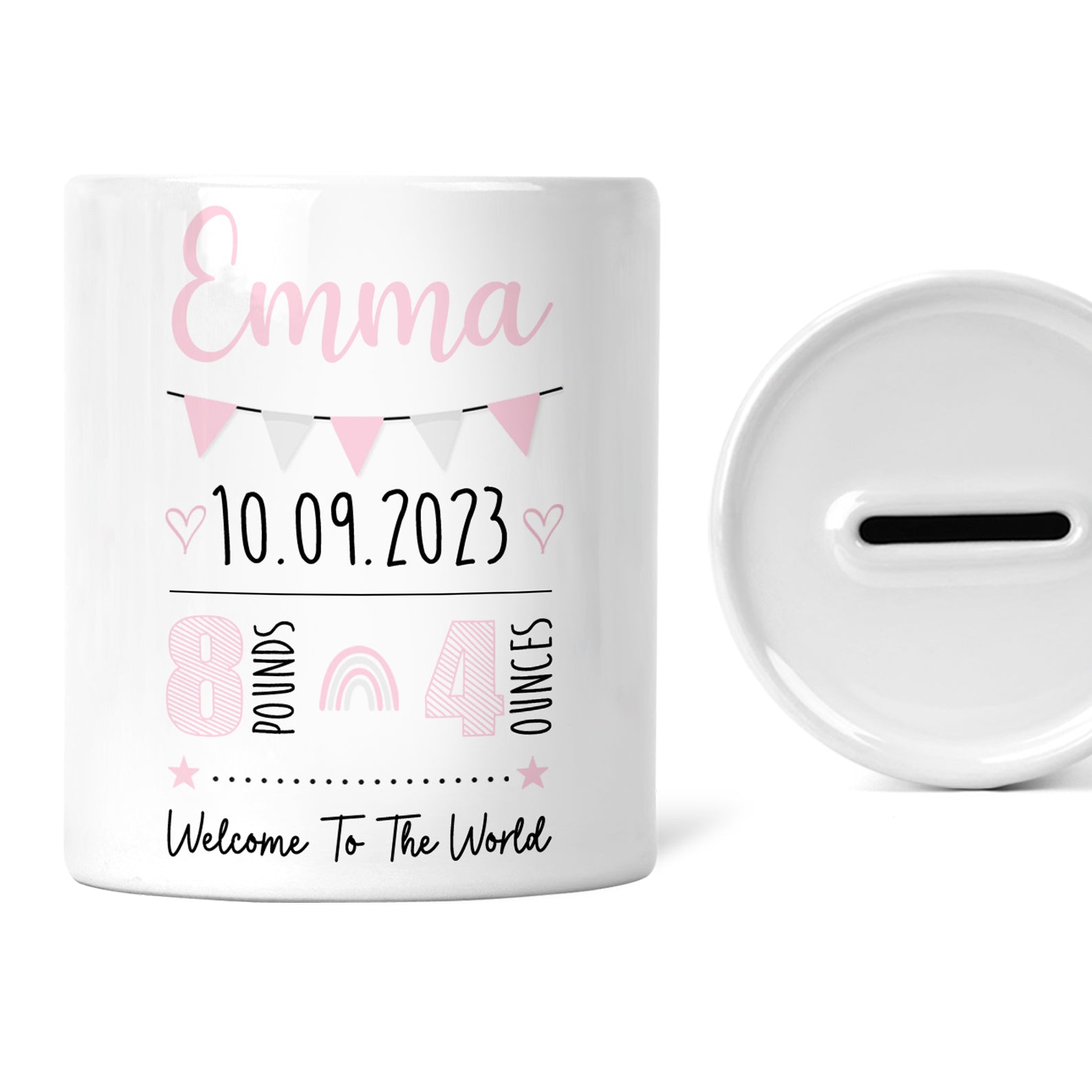 Personalised Children's Money Box | Custom Newborn Gift | Newborn Facts | Welcome to The World | Custom New Baby Keepsake Gift