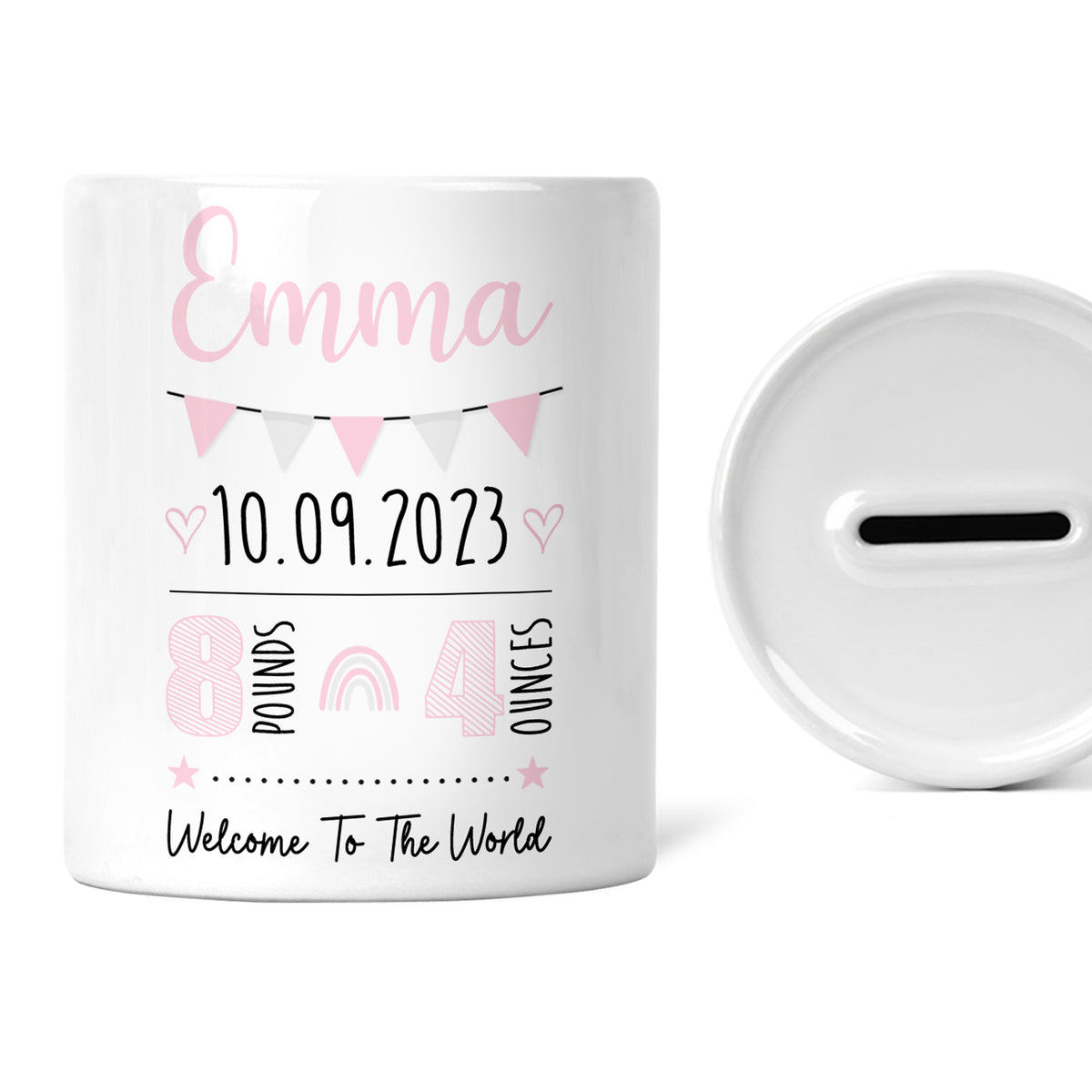 Personalised Children's Money Box | Custom Newborn Gift | Newborn Facts | Welcome to The World | Custom New Baby Keepsake Gift