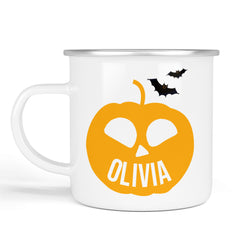 Personalised Halloween Enamel Mug | Pumpkin Silhouette | Personalised Halloween Gift