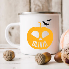 Personalised Halloween Enamel Mug | Pumpkin Silhouette | Personalised Halloween Gift