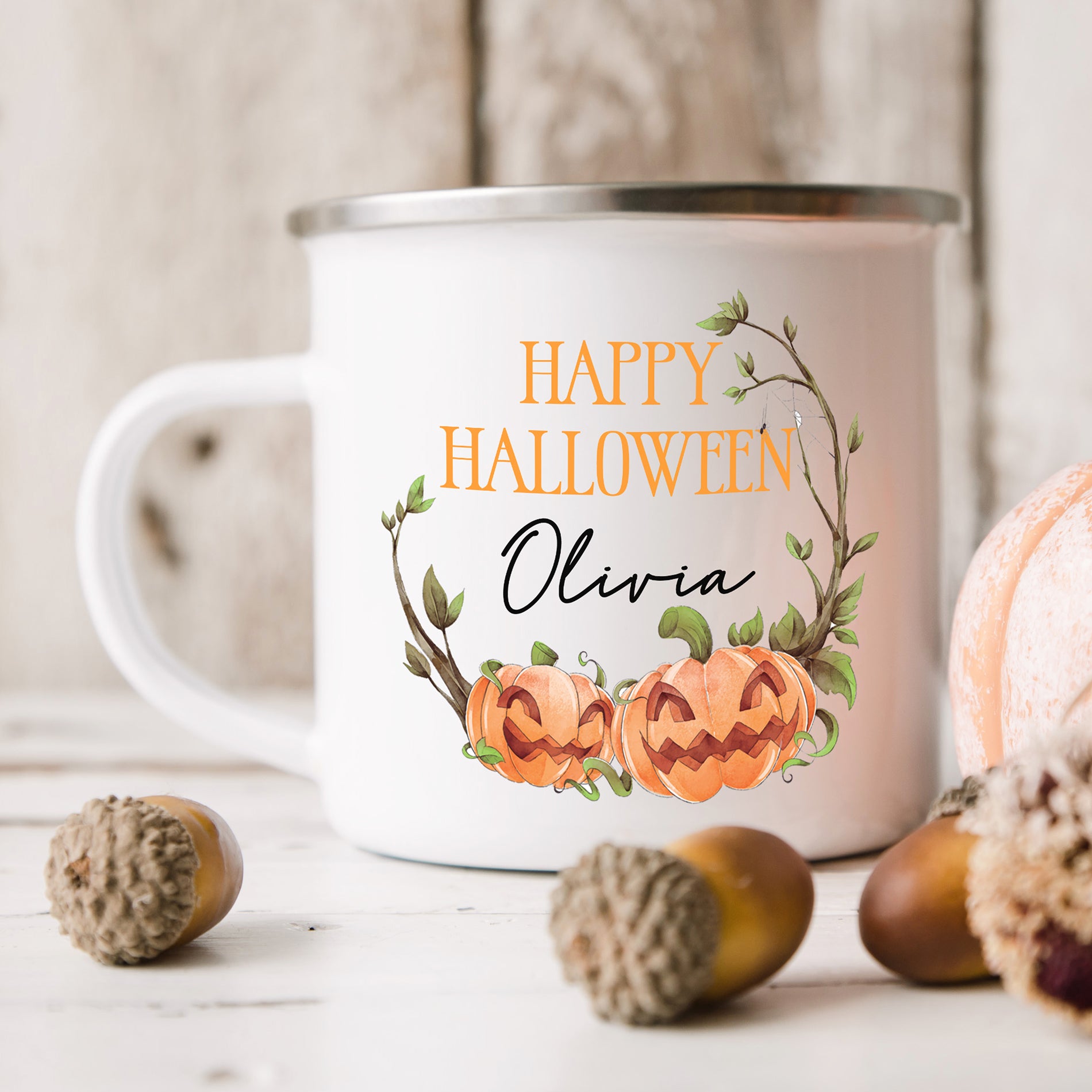 Personalised Halloween Enamel Mug | Pumpkin Wreath | Personalised Halloween Gift