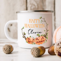 Personalised Halloween Enamel Mug | Pumpkin Wreath | Personalised Halloween Gift