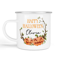 Personalised Halloween Enamel Mug | Pumpkin Wreath | Personalised Halloween Gift