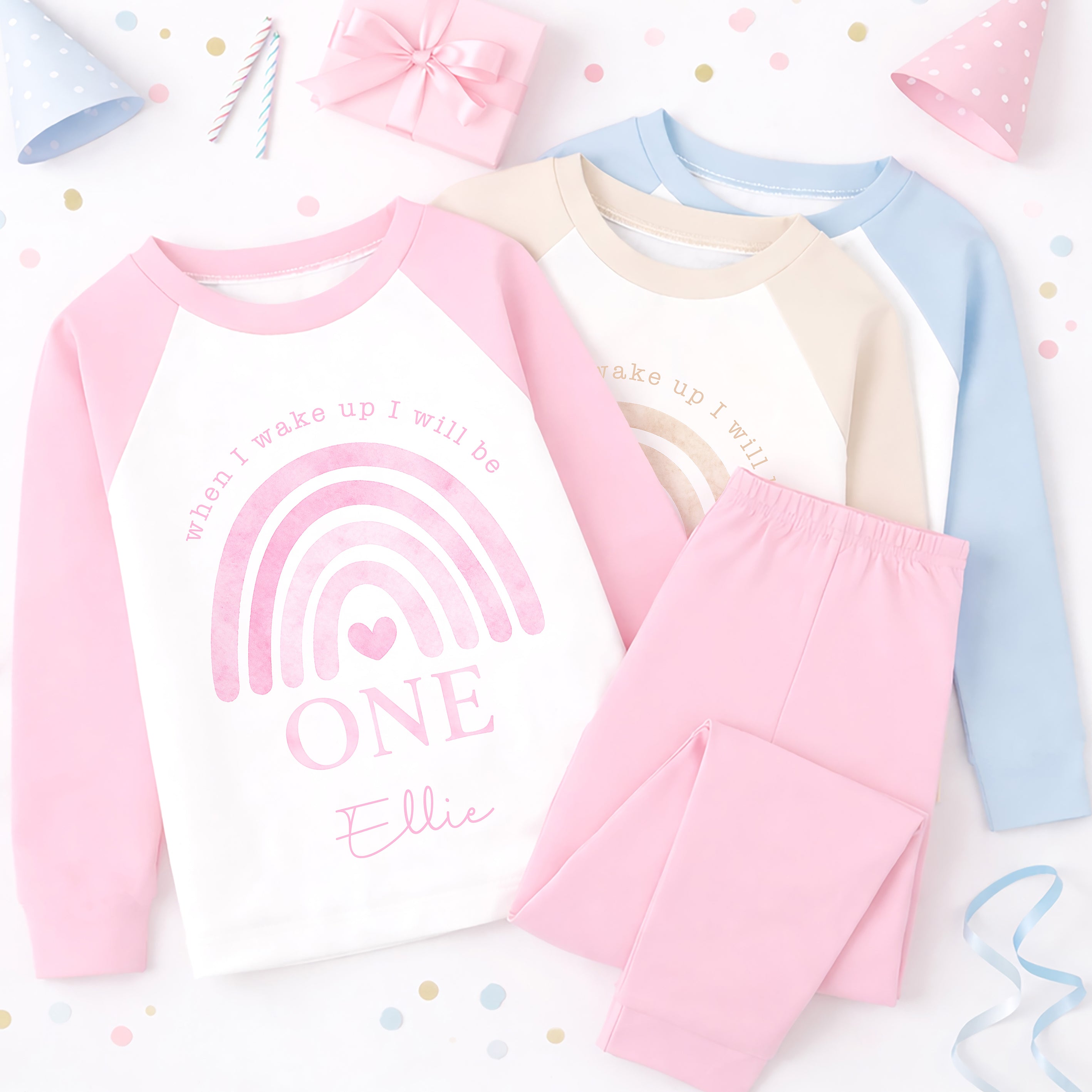 Personalised 1st Birthday Pyjamas, First Bib | Rainbow | When I Wake Up I Will Be 1, Girls 1st Birthday Pyjamas, Boys 1st Birthday Pyjamas