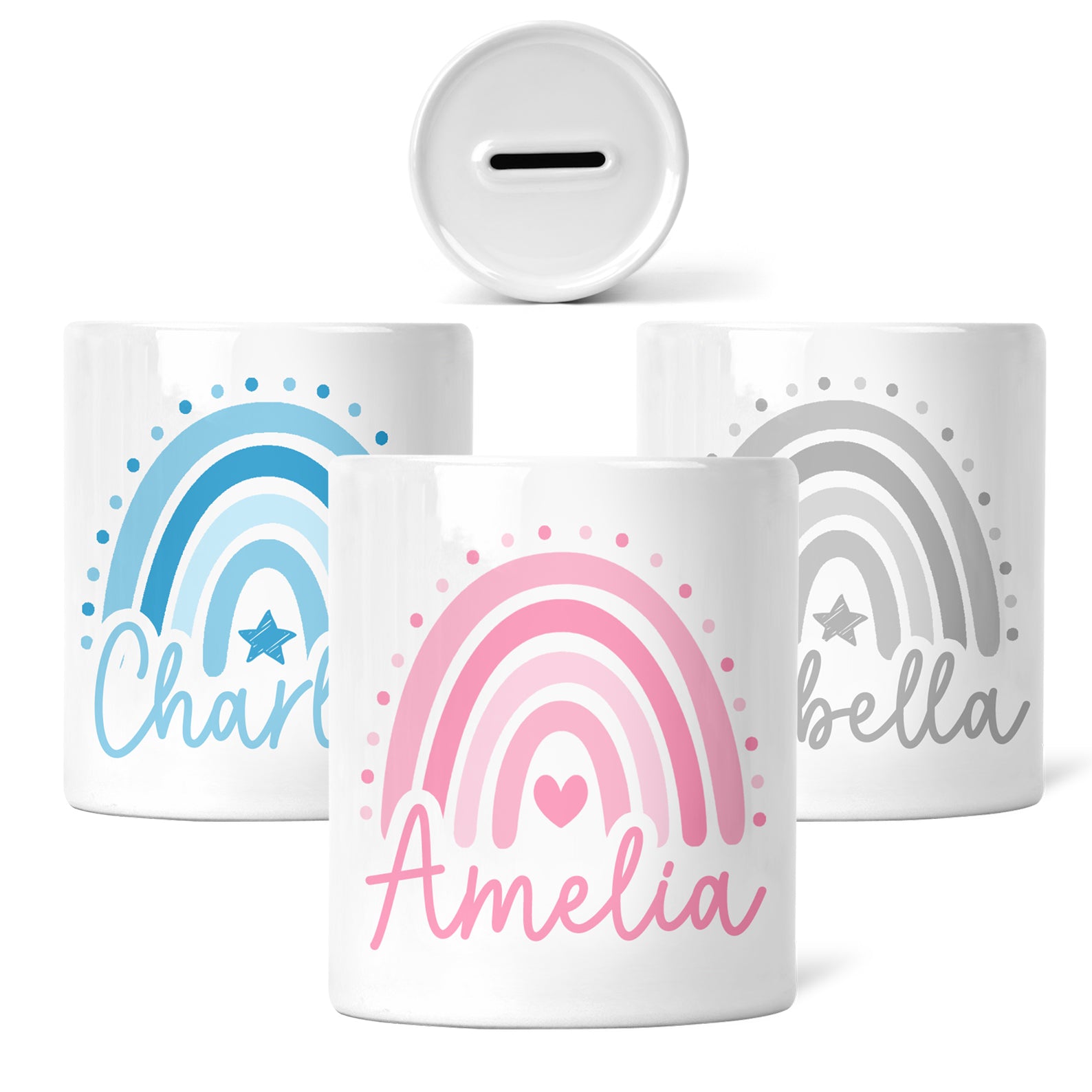 Personalised Children's Money Box | Rainbows | Add A Name, Choose a Colour | Personalised Kids Gift | Gift for Boys & Girls