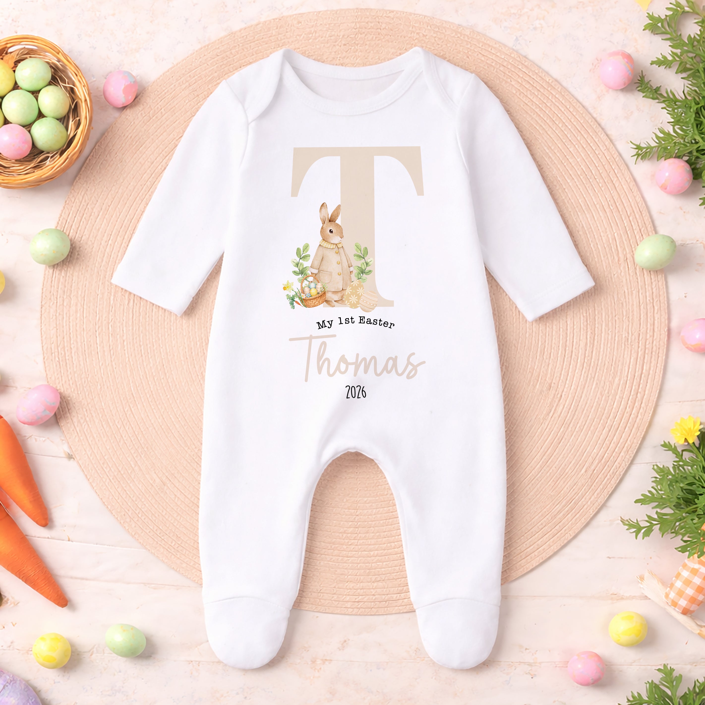 Personalised 1st Easter Pyjamas, Easter Bib | Custom Boys & Girls First Easter Baby Grow, Baby's Easter Romper