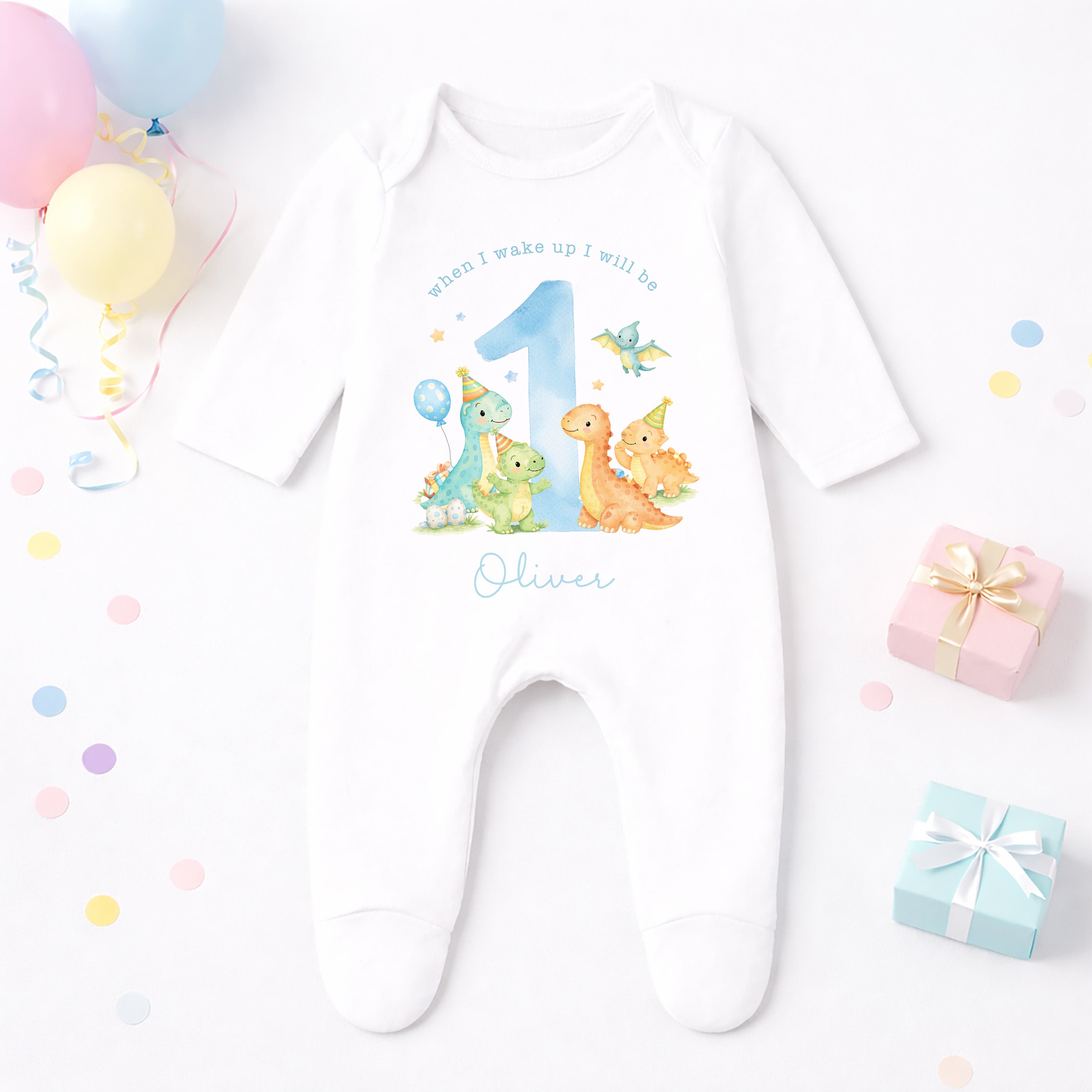 Personalised 1st Birthday Pyjamas, First Bib | Dinosaurs | When I Wake Up I Will Be 1, Boys 1st Birthday Pyjamas