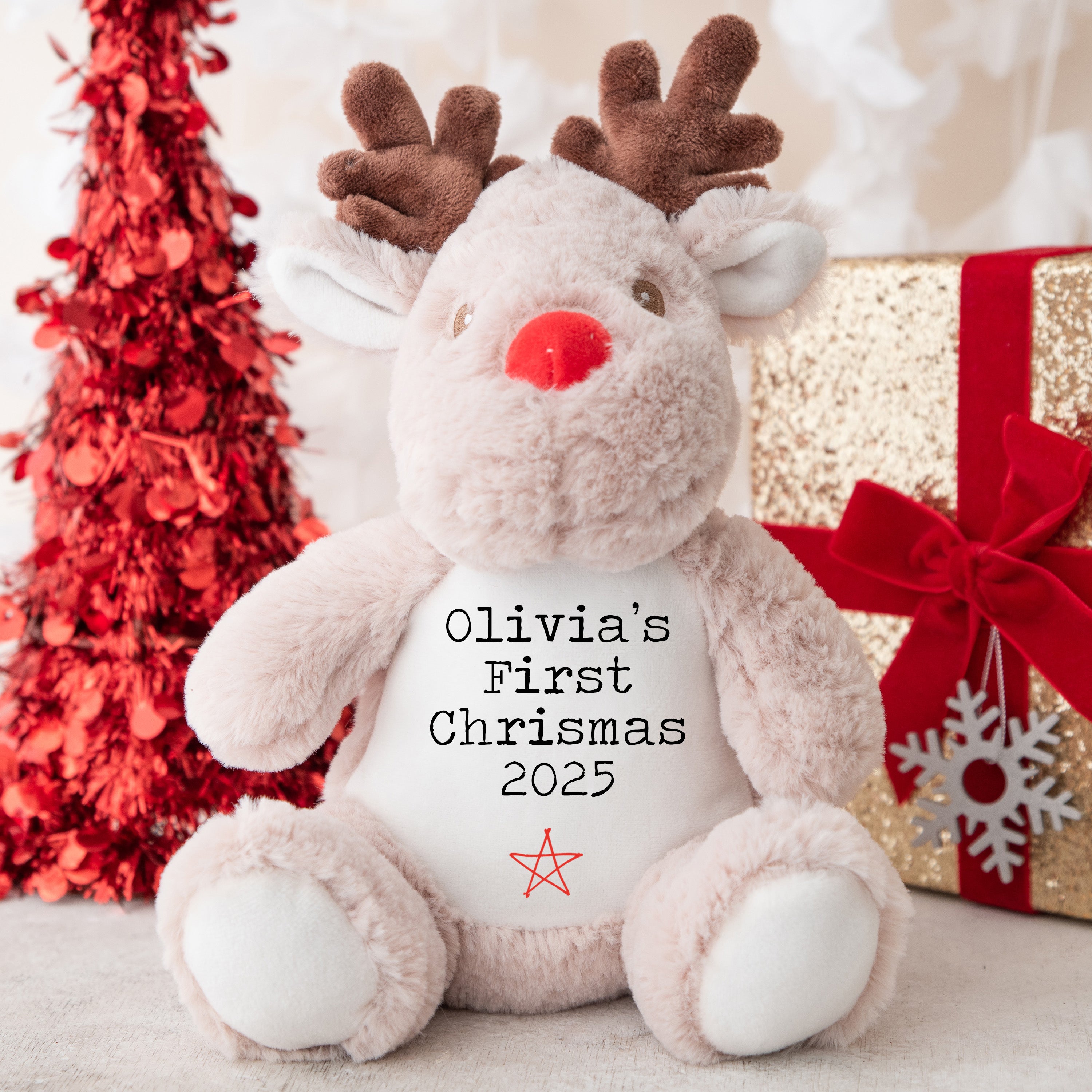 Personalised Christmas Teddy | Baby's 1st Christmas Teddy | Personalised Reindeer | 1st Christmas Gift, First Christmas Teddy - Typewriter Star