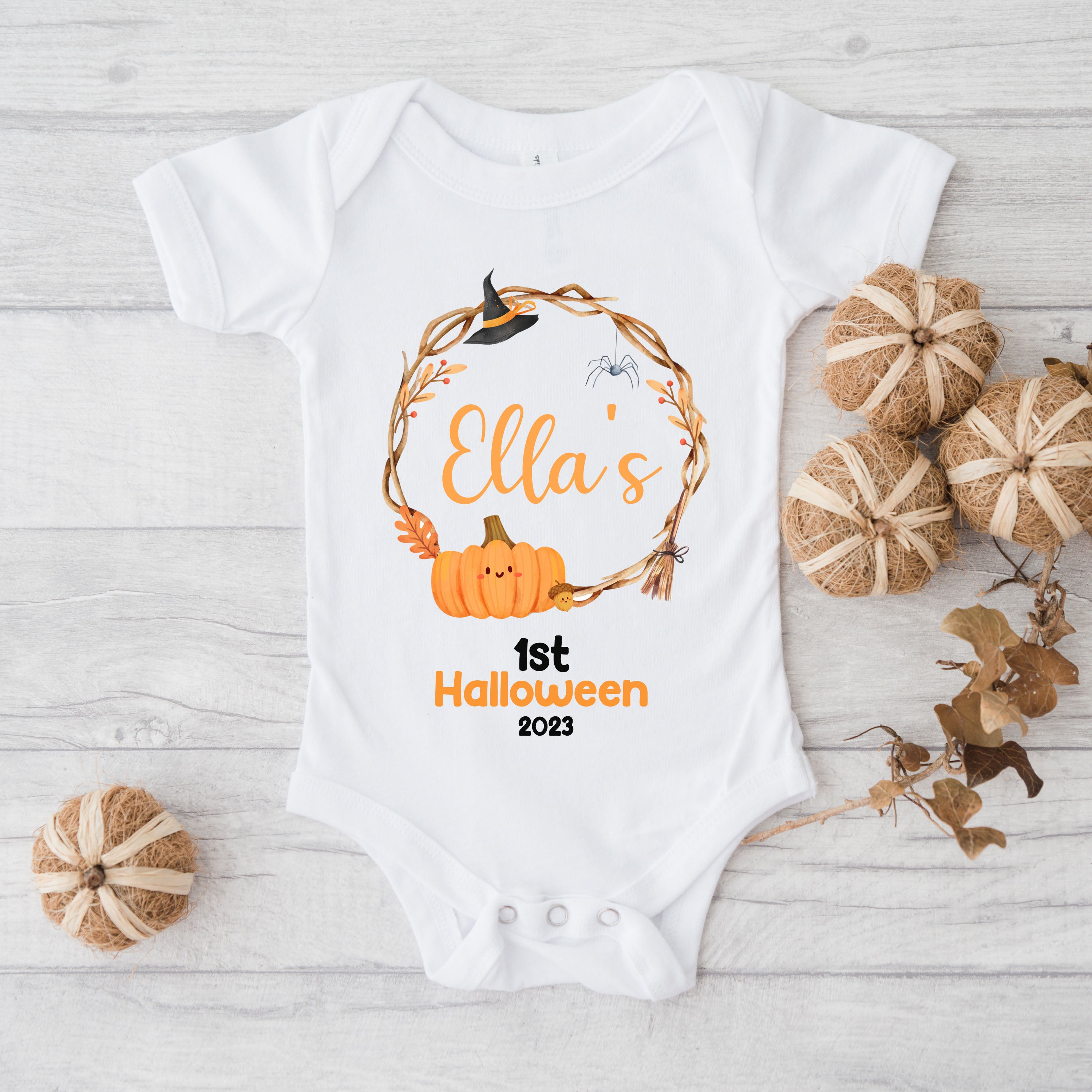 Baby's 1st Halloween | Personalised Halloween Baby Grow | Wreath | First Halloween Baby Bib, Baby Halloween Gift