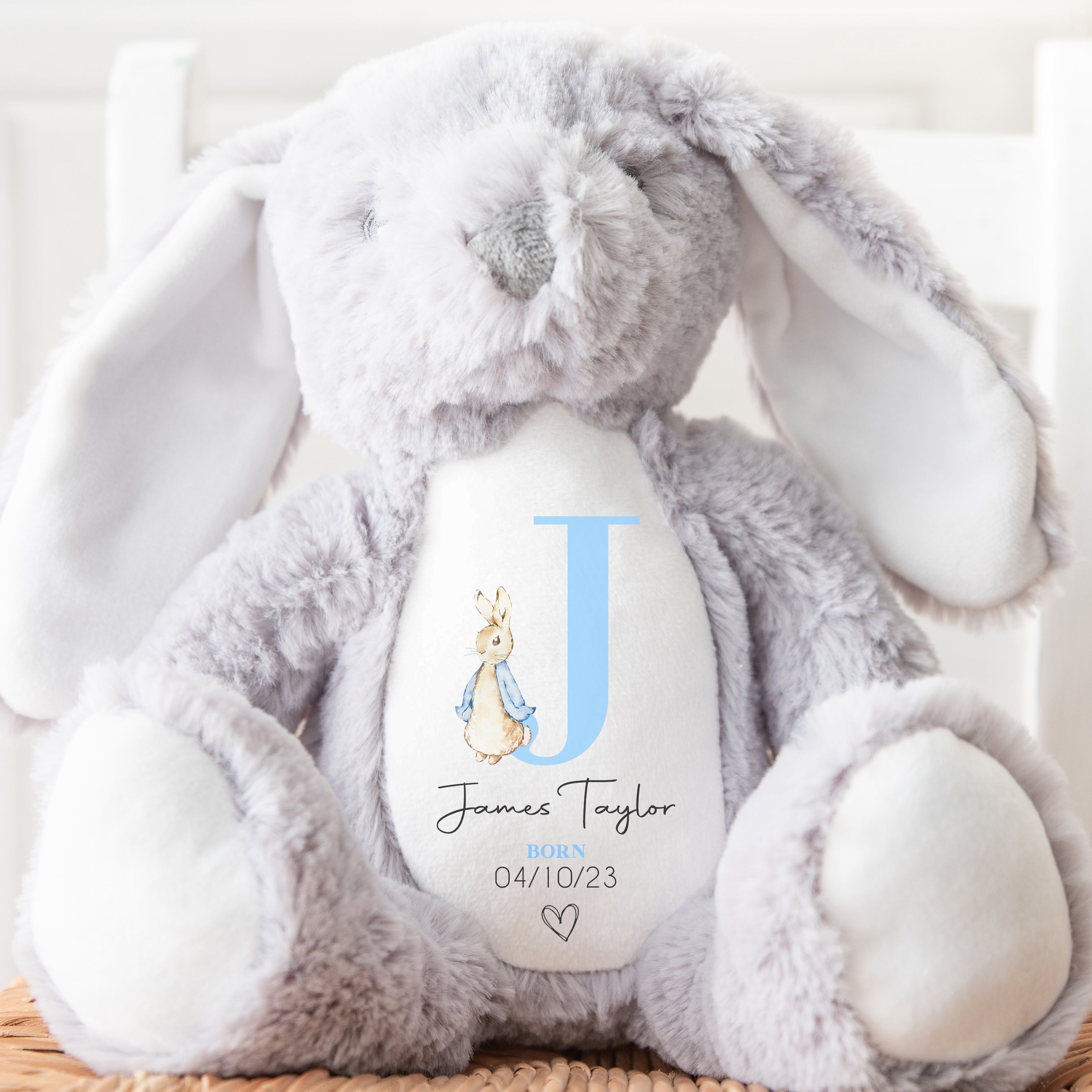 Personalised Teddy, Custom Newborn Teddy | Grey Bunny Rabbit, Baby Announcement Teddy Bear, Personalised Newborn Gift, Blue Initial