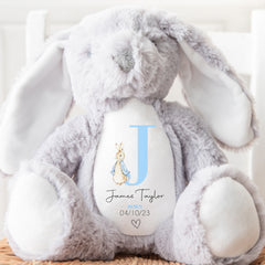 Personalised Teddy, Custom Newborn Teddy | Grey Bunny Rabbit, Baby Announcement Teddy Bear, Personalised Newborn Gift, Blue Initial