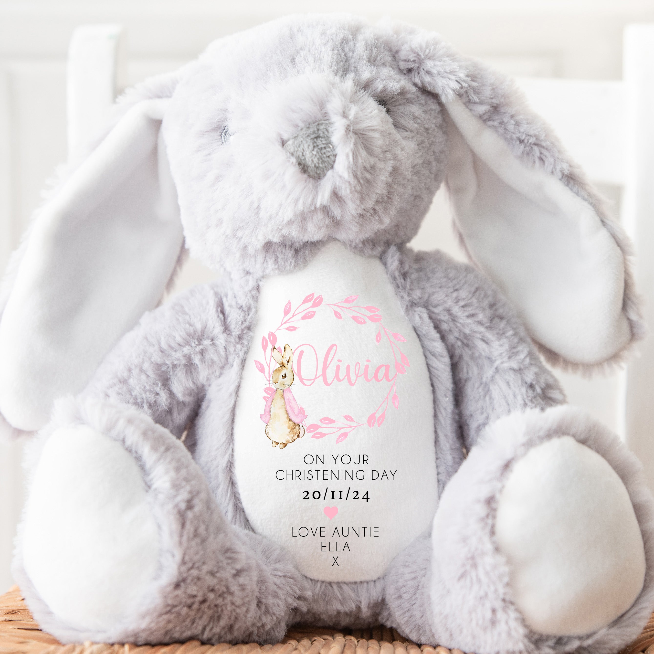 Personalised Teddy, Custom Christening Teddy | Keepsake | Personalised Christening Gift, Custom Baptism Gift | Baptism Teddy, Pink Wreath