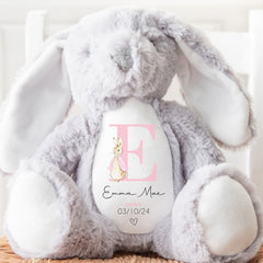 Personalised Teddy, Custom Newborn Teddy | Grey Bunny Rabbit, Baby Announcement Teddy Bear, Personalised Newborn Gift, Pink Initial